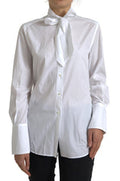 Women's White Cotton Ascot Collar Long Sleeves Top