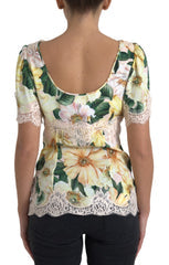 Women's Multicolor Floral Lace V Neck Blouse Silk