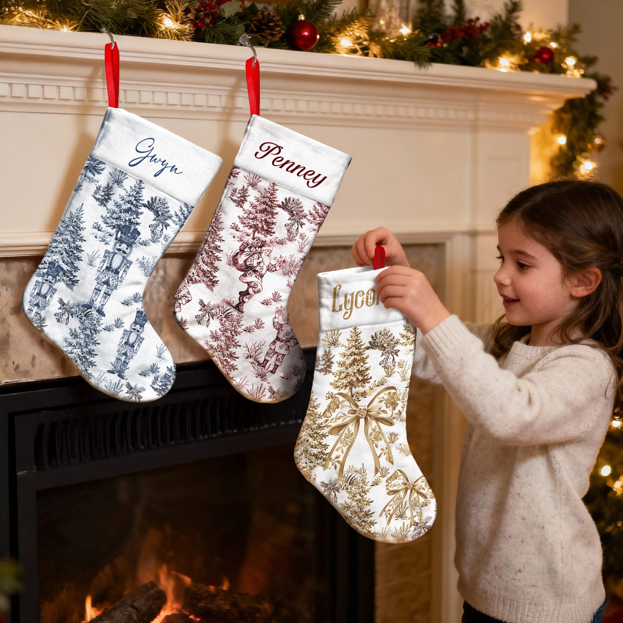 Personalizada Toile De Jouy Santa Claus Reno Cascanueces Navidad Media con nombre Decoración para el hogar Regalo de Navidad para Niños Familia Amigos