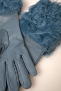 Women's Blue Leather Fur Mid Arm Length Gloves