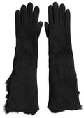 Men's Black Leather Fur Elbow Length Gloves Goatskin