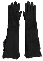 Men's Black Leather Fur Elbow Length Gloves Goatskin