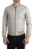 Men's Cream Leather Bomber Blouson Full Zip Jacket Clothing