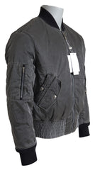 Men's Gray Bomber Zipper Pocket Sleeves Jacket Nylon Clothing