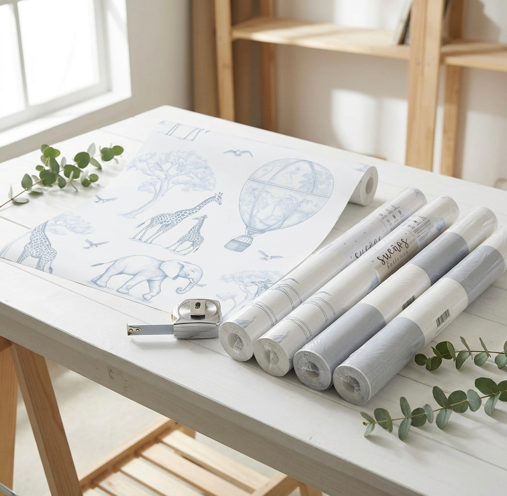 Papel pintado infantil Jirafas y globos azul empolvado