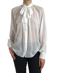 Women's White Silk Sheer Tied Neck Polka Dots Blouse