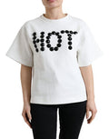 Women's T-Shirt White Cotton Stretch Black Hot Crystal Polyester (stretch)