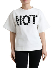 Women's T-Shirt White Cotton Stretch Black Hot Crystal Polyester (stretch)