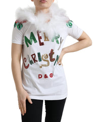 Women's White Cotton Christmas Sequin Fur T-Shirt