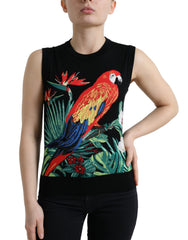 Women's Black Bird Wool Knit Sleeveless Tank T-Shirt Virgin Silk