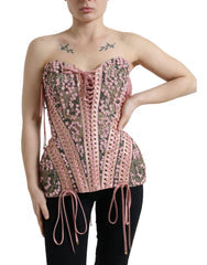Women's Pink Floral Applique Bustier Corset Top Nylon Silk