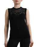 Women's Black Cashmere Lace Trim Sleeveless Tank Top