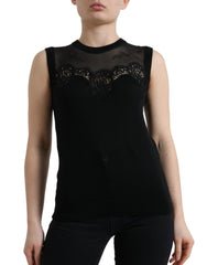 Women's Black Cashmere Lace Trim Sleeveless Tank Top