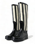 Women's Black Rubber Knee High Flat Boots Shoes And White