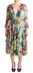 Women's Multicolor Green Floral Silk Wrap Midi Dress