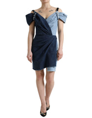 Women's Blue Patchwork Two Tone Denim Mini Dress Cotton Elastane