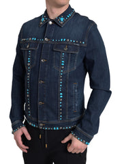Men's Blue Denim Turquoise Stones Studded Jacket Cotton Elastane Clothing