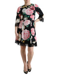 Women's Black Floral Embellished Lace A-Line Dress Silk