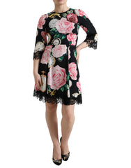 Women's Black Floral Embellished Lace A-Line Dress Silk
