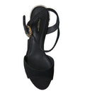 Women's Black Crystals Ankle Strap Sandals Shoes Wool Viscose Leather