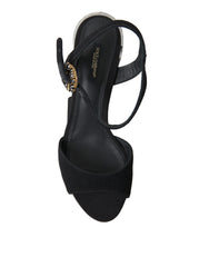 Women's Black Crystals Ankle Strap Sandals Shoes Wool Viscose Leather