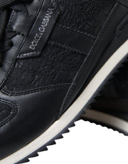 Women's Black Floral Lace Leather Sneakers Shoes Elastane