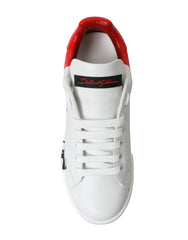 White Red Lace Up Womens Low Top Sneakers Shoes Leather
