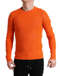 Men's Ribbed Knit Crewneck Sweater Orange Polyurethane Cotton
