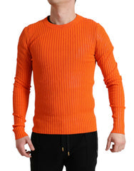 Men's Ribbed Knit Crewneck Sweater Orange Polyurethane Cotton
