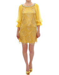 Women's Yellow Lace Crystal Mini Dress Metal