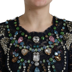 Women's Multicolor Crystal-Embellished Lace Gown Black Rayon Nylon