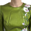 Women's Green Floral Embellished Sheath Midi Dress Acetate Nylon Silk Elastane