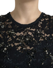 Women's Black Floral Lace Crystal Sheath Dress Rayon