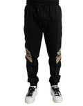 Men's Leopard-Panel Stretch Joggers Black Polyester Cotton Nylon