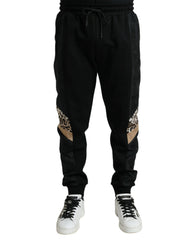 Men's Leopard-Panel Stretch Joggers Black Polyester Cotton Nylon
