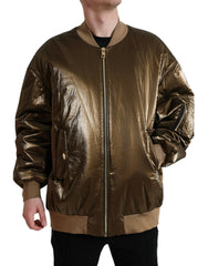 Bronze Nylon Full Zip Men Bomber Jacket Clothing