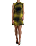 Women's Yellow Houndstooth Sleeveless Aline Mini Dress Virgin Wool Nylon