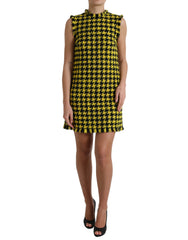 Women's Yellow Houndstooth Sleeveless Aline Mini Dress Virgin Wool Nylon