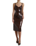 Women's Brown Shiny Silk Sheath Sleeveless Bodycon Midi Dress Elastane