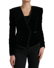 Women's Black Velvet Cotton Double Breasted Jacket Silk Elastane Clothing