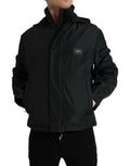 Men's Black Polyester Logo Plaque Hooded Jacket Clothing