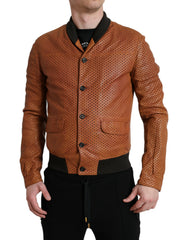 Men's Brown Lambskin Leather Perforated Jacket Cotton Clothing