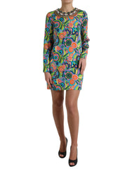 Women's Multicolor Geometric Print Silk Crystals Midi Dress Elastane