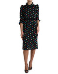 Women's Black Polka Dot Ruffle Cotton Midi Dress Nylon