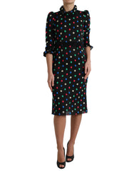 Women's Black Polka Dot Ruffle Cotton Midi Dress Nylon