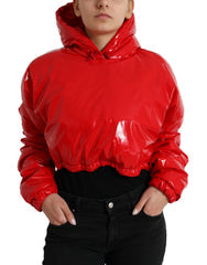 Women's Shiny Red Hooded Cropped Short Coat Jacket