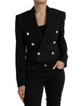 Women's Black Striped Sicilia Double Breasted Jacket Wool Virgin Cotton Silk Clothing