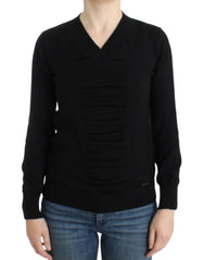 Women's Black V-Neck Wool Sweater Acrylic Clothing