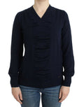 Women's Dark Blue V-Neck Wool Sweater Acrylic Clothing