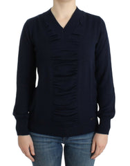 Women's Dark Blue V-Neck Wool Sweater Acrylic Clothing